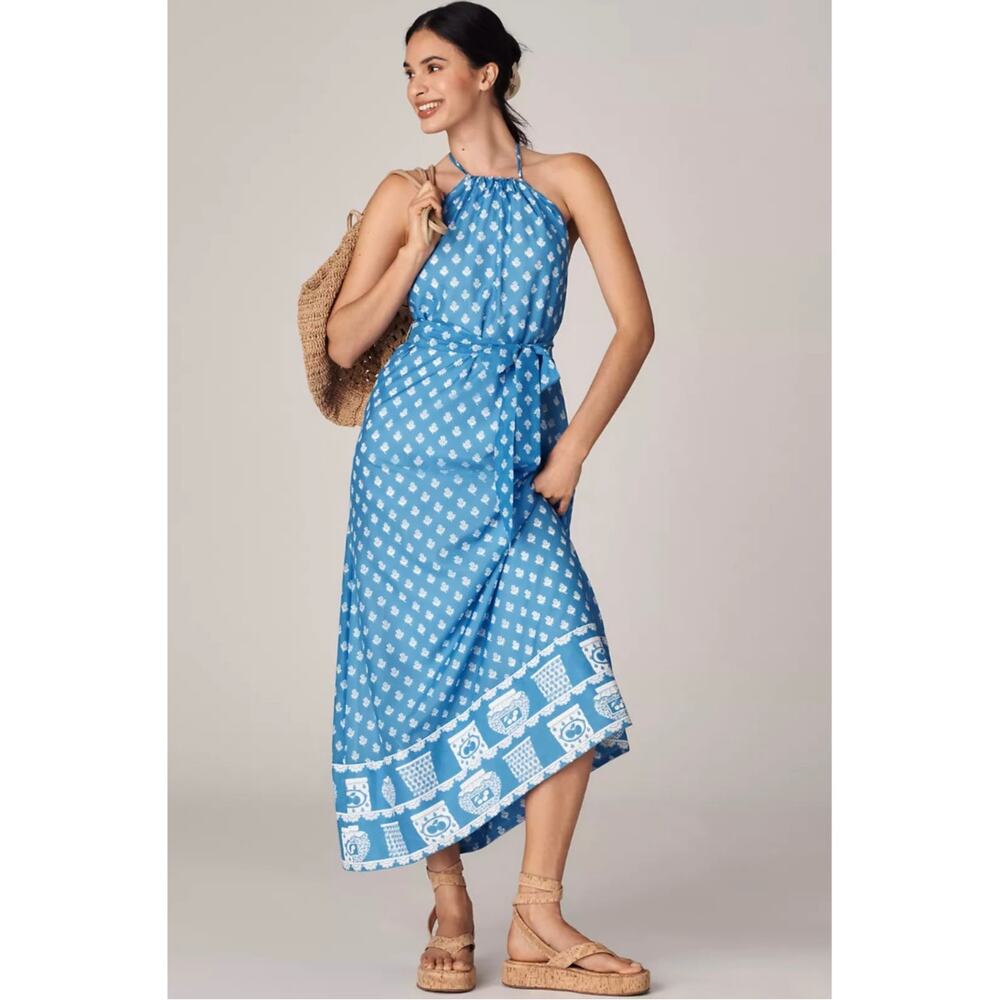 Anthropologie Rachel Antonoff Rainey Halter Maxi Dress Jam Jars Blue L NWT $348